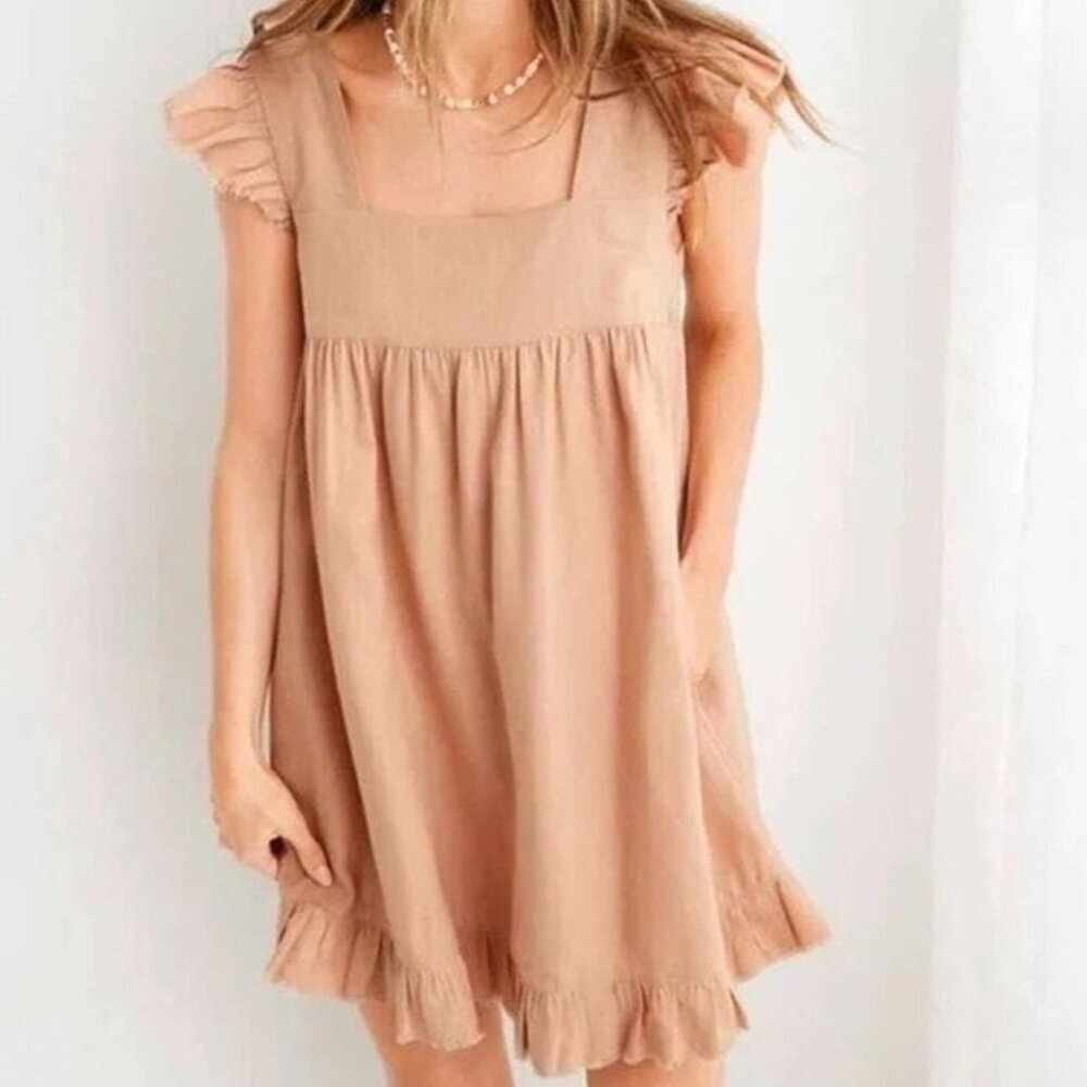 Aerie Ruffle Babydoll Dress Tan/Pink L | Cottagecore Prairiecore Coastal Boho